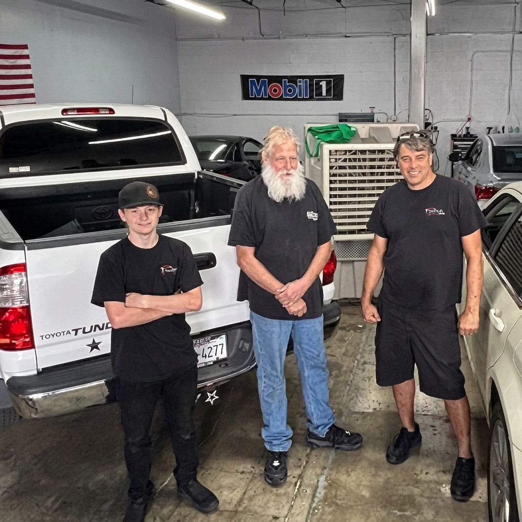 Three members of the Mike's Brakes & More team inside the repair shop